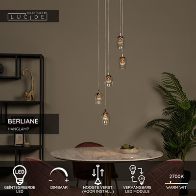 Lucide BERLIANE - Hanglamp - Ø 34 cm - LED Dimb. - 5x4W 2700K - Met vervangbare LED-module - Transparant | Essential
